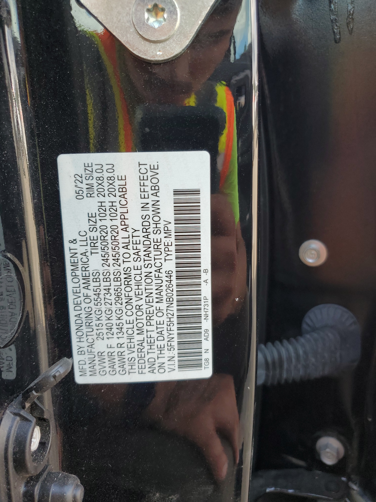 5FNYF5H27NB026446 2022 Honda Pilot Se