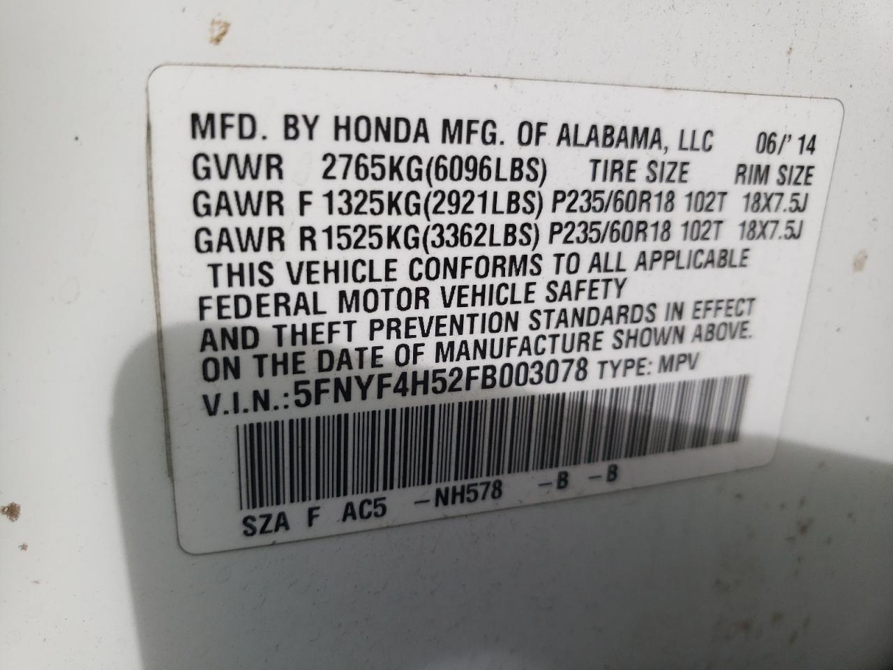 5FNYF4H52FB003078 2015 Honda Pilot Exl