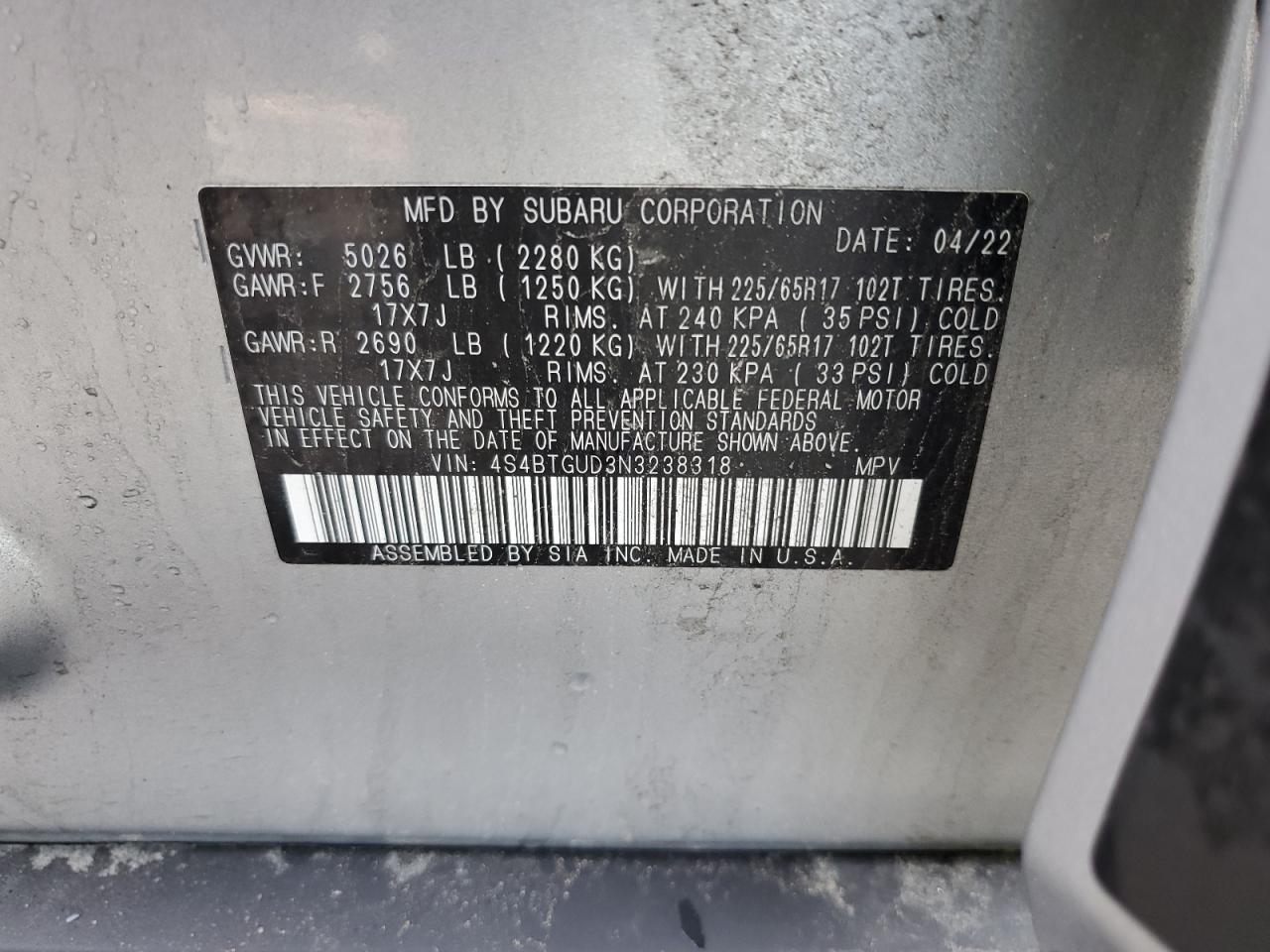 2022 Subaru Outback Wilderness VIN: 4S4BTGUD3N3238318 Lot: 55154614