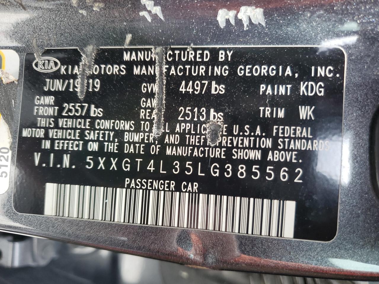 2020 Kia Optima Lx VIN: 5XXGT4L35LG385562 Lot: 52290984