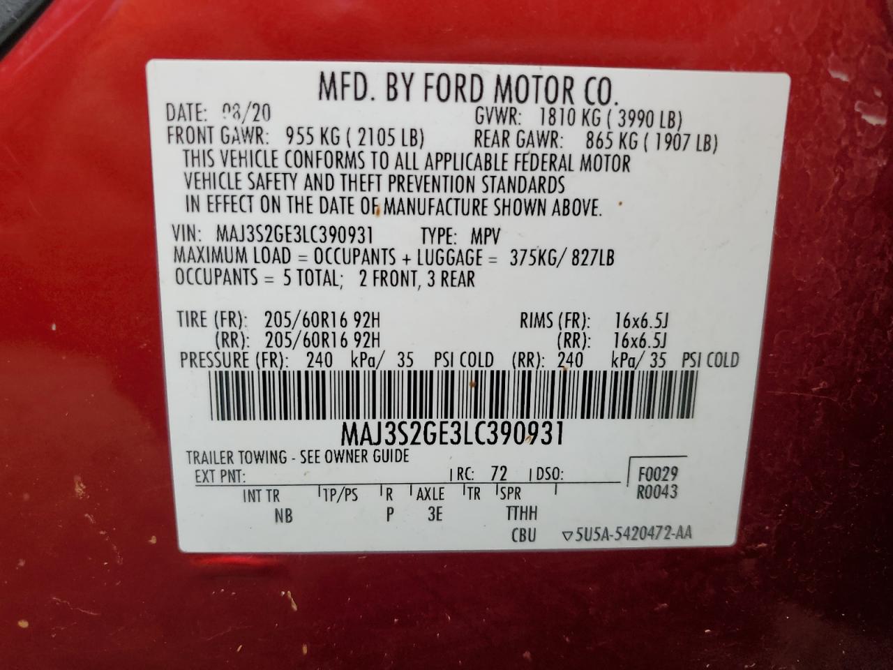 MAJ3S2GE3LC390931 2020 Ford Ecosport Se