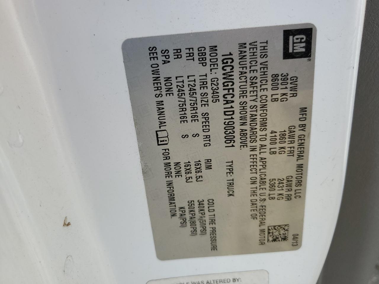 2013 Chevrolet Express G2500 VIN: 1GCWGFCA1D1903061 Lot: 56385494