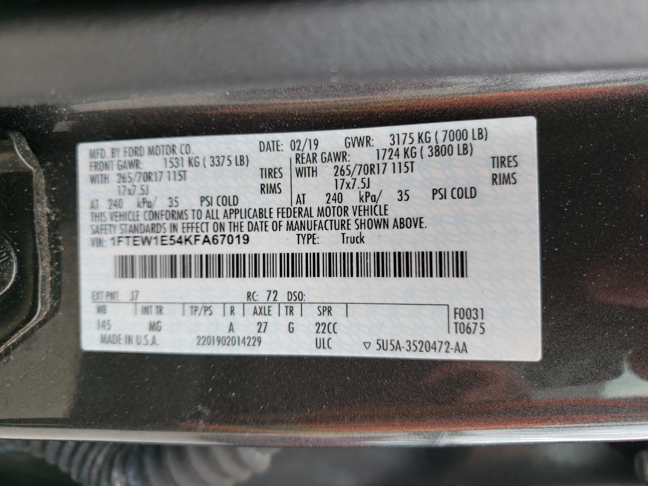 2019 Ford F150 Supercrew VIN: 1FTEW1E54KFA67019 Lot: 53416154