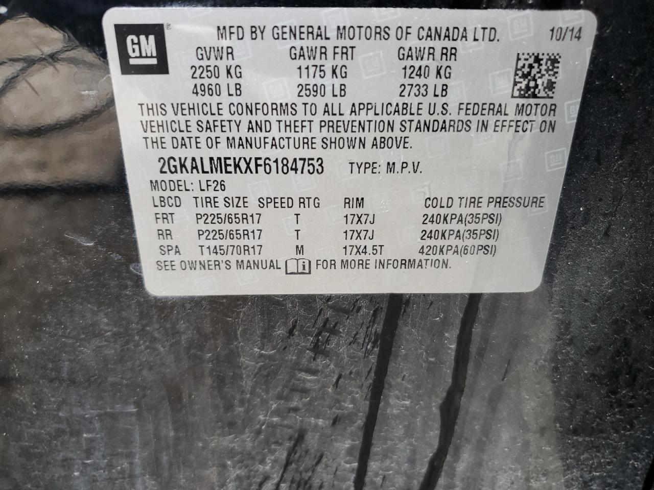 2015 GMC Terrain Sle VIN: 2GKALMEKXF6184753 Lot: 52876754