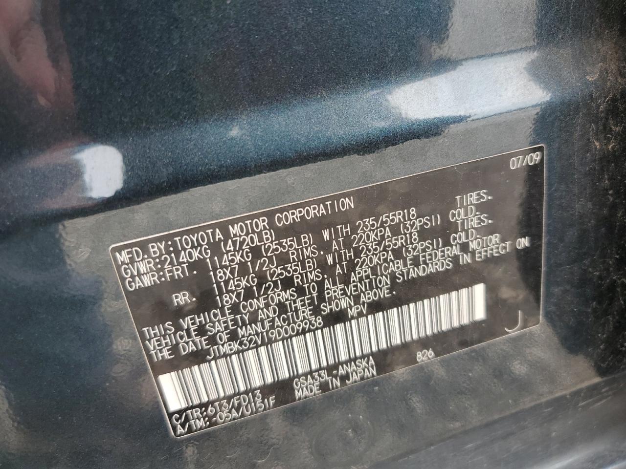 2009 Toyota Rav4 Sport VIN: JTMBK32V19D009938 Lot: 55598614