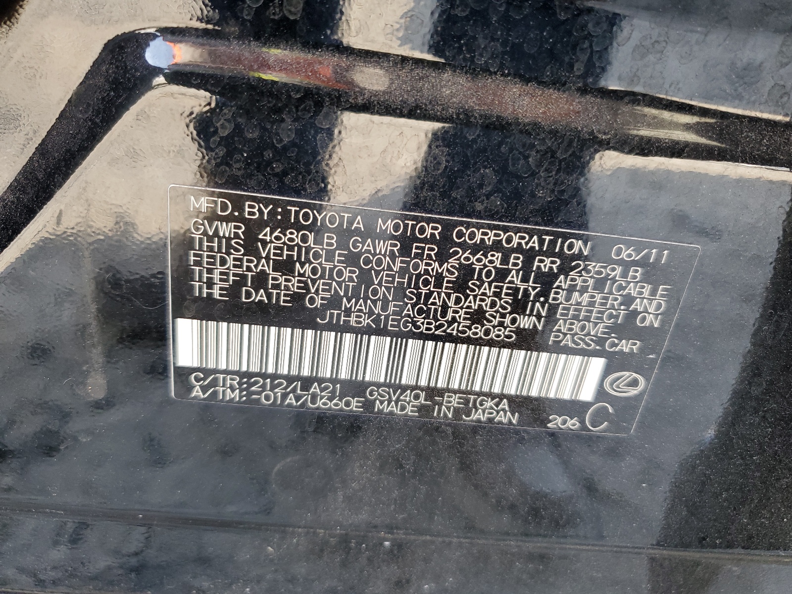 JTHBK1EG3B2458085 2011 Lexus Es 350