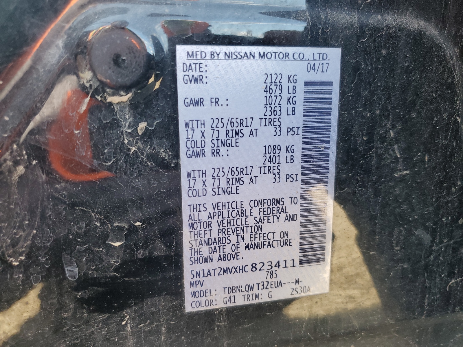 5N1AT2MVXHC823411 2017 Nissan Rogue Sv