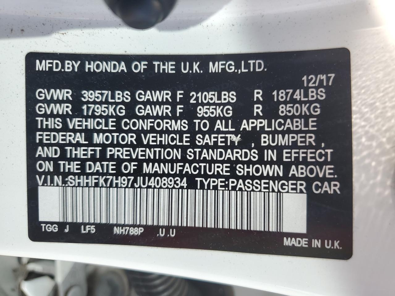 2018 Honda Civic Sport Touring VIN: SHHFK7H97JU408934 Lot: 64068134