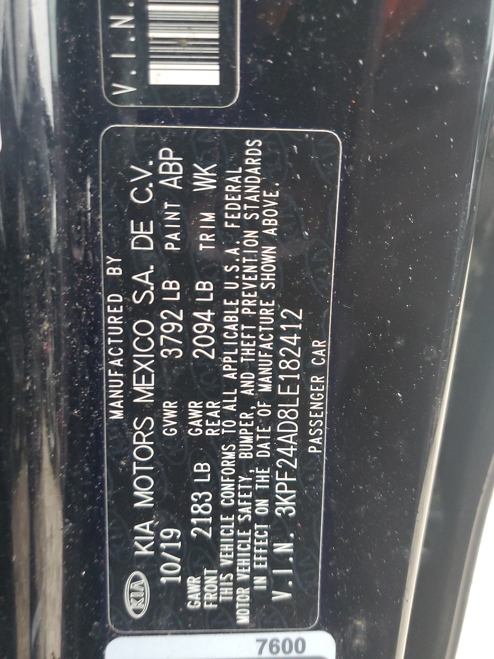 3KPF24AD8LE182412 2020 Kia Forte Fe