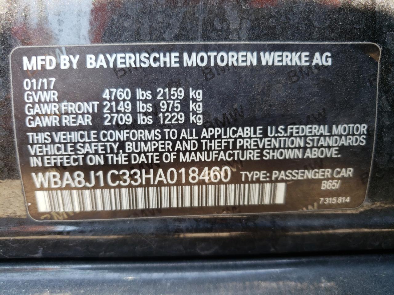 2017 BMW 328 D xDrive VIN: WBA8J1C33HA018460 Lot: 54172154