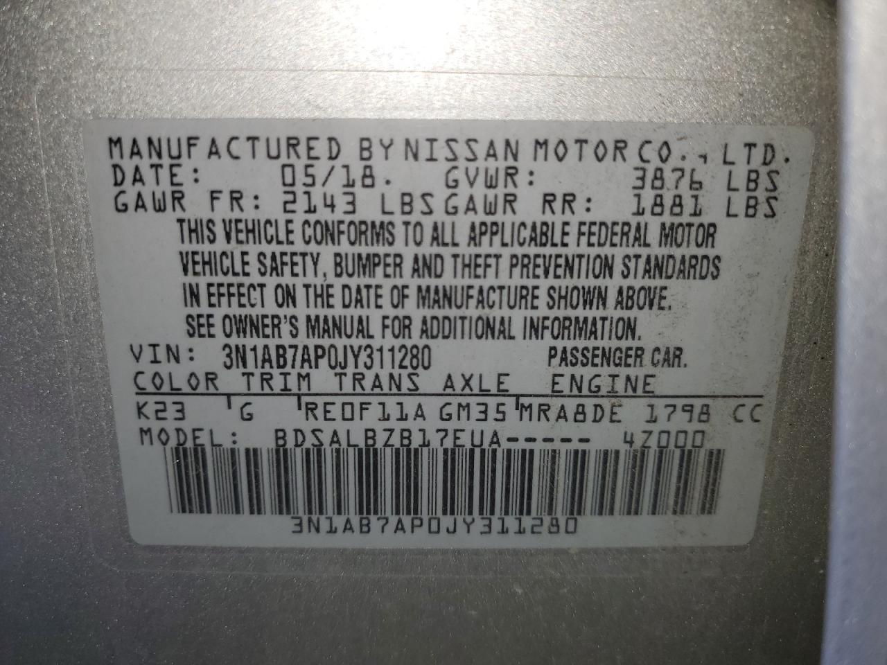 2018 Nissan Sentra S VIN: 3N1AB7AP0JY311280 Lot: 64376094