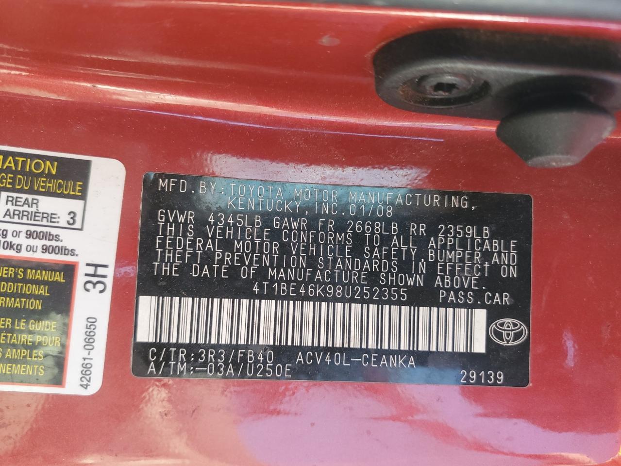 2008 Toyota Camry Ce VIN: 4T1BE46K98U252355 Lot: 55544164