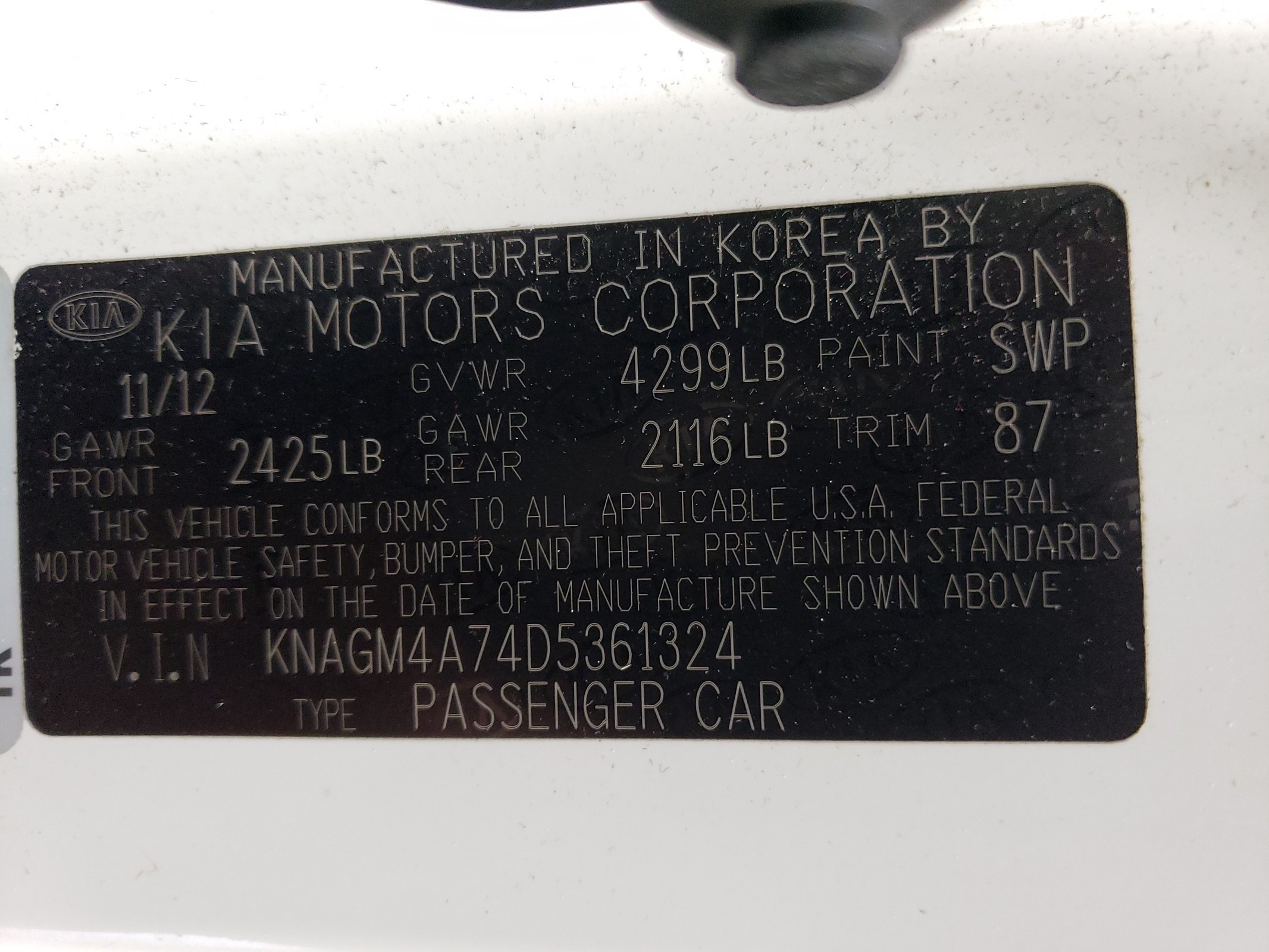 KNAGM4A74D5361324 2013 Kia Optima Lx