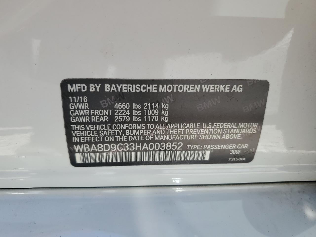 2017 BMW 330 Xi VIN: WBA8D9C33HA003852 Lot: 80795855