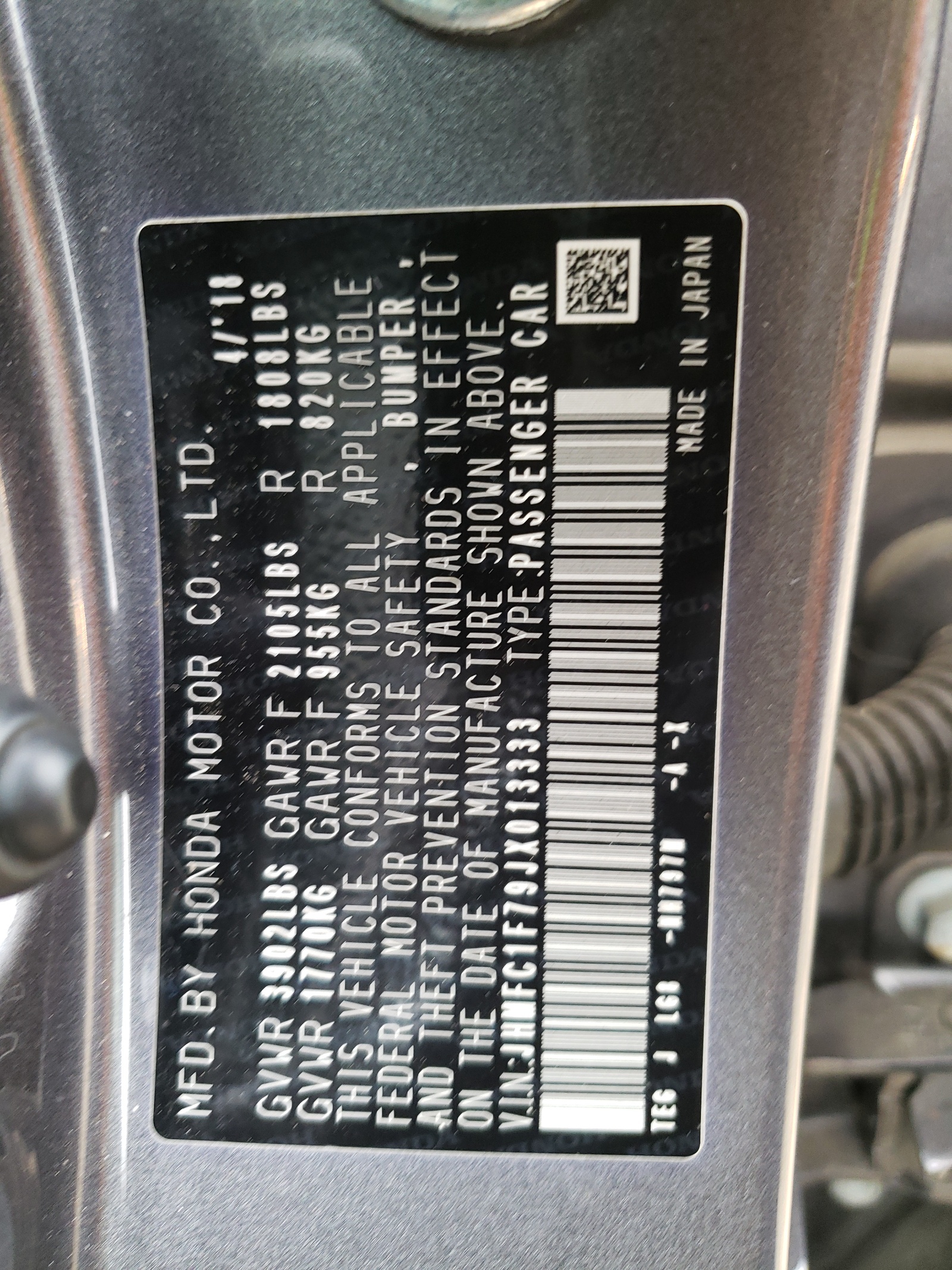 JHMFC1F79JX013333 2018 Honda Civic Exl