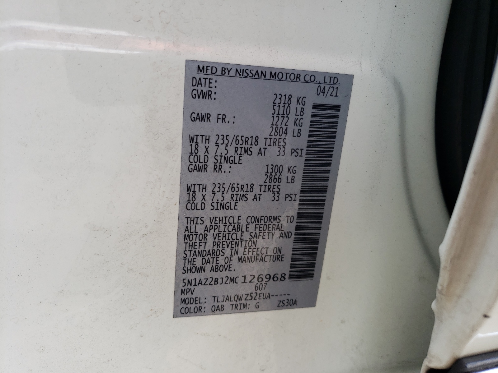 5N1AZ2BJ2MC126968 2021 Nissan Murano Sv