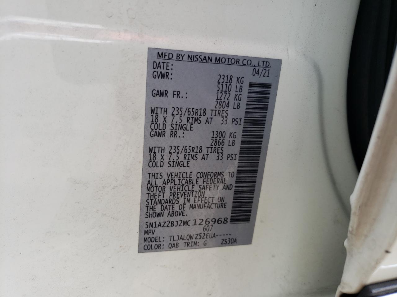 2021 Nissan Murano Sv VIN: 5N1AZ2BJ2MC126968 Lot: 53969214