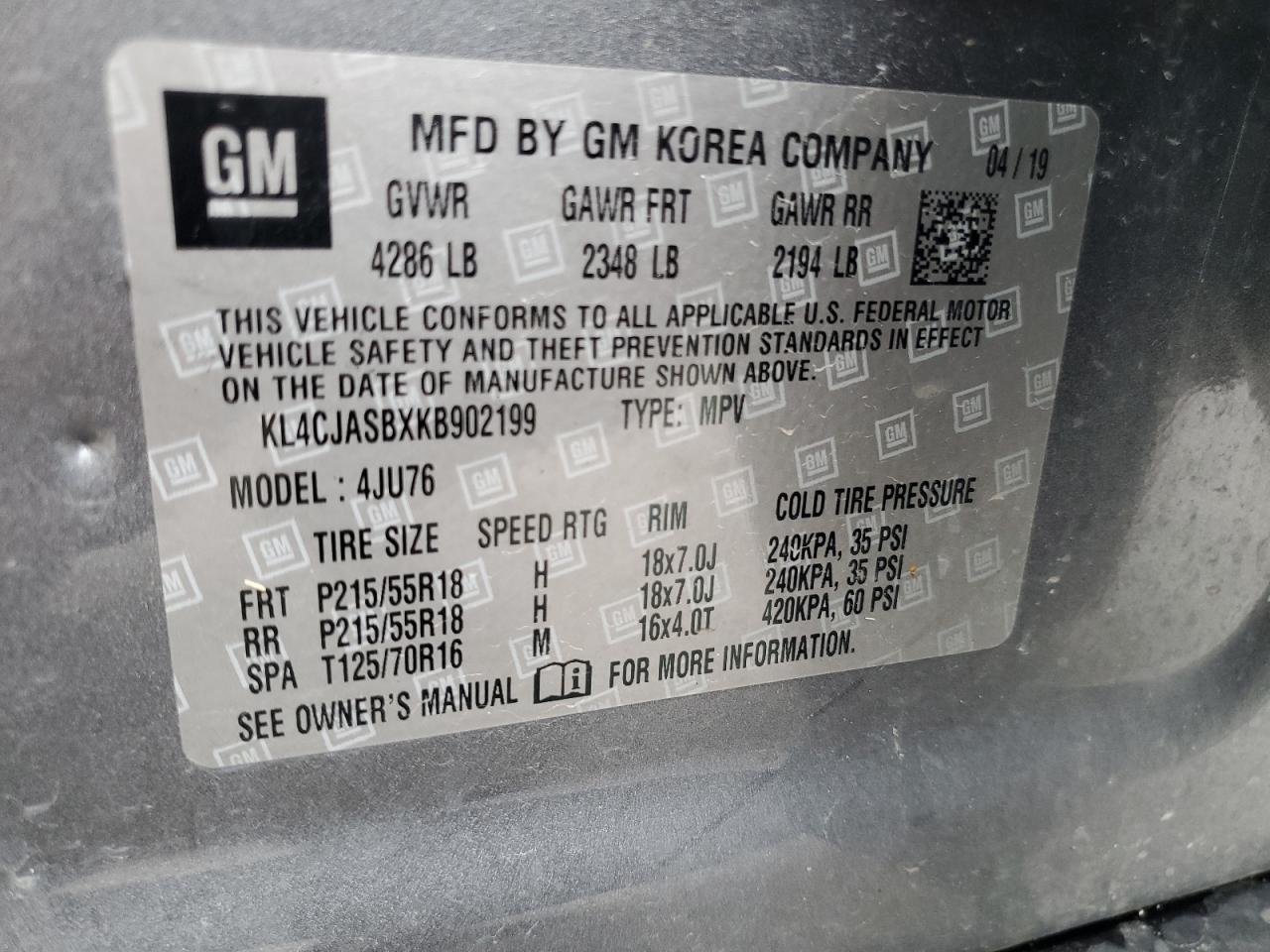 2019 Buick Encore Preferred VIN: KL4CJASBXKB902199 Lot: 53507174