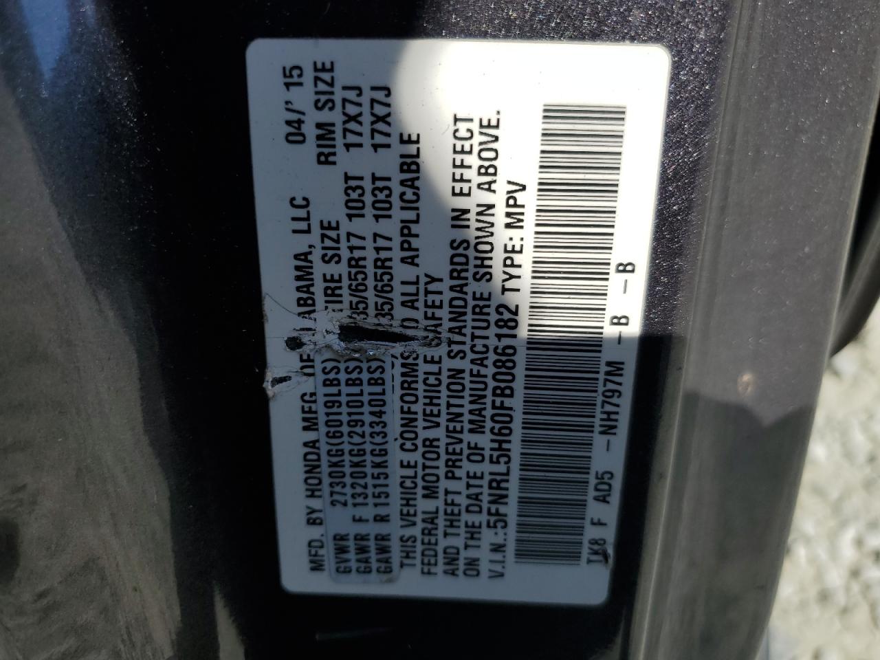 2015 Honda Odyssey Exl VIN: 5FNRL5H60FB086182 Lot: 53504904