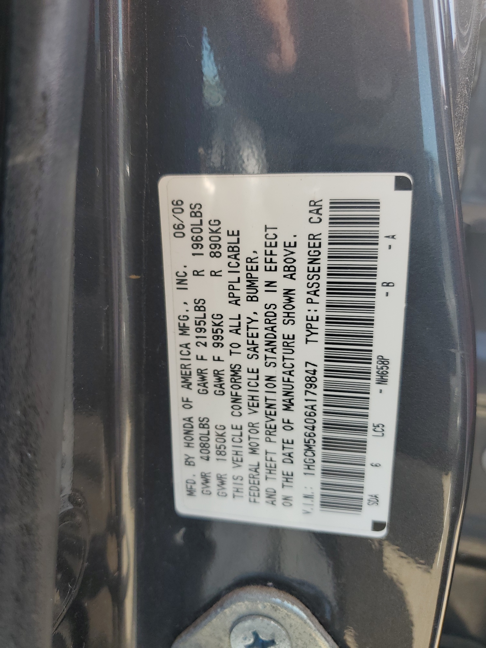 1HGCM56406A179847 2006 Honda Accord Lx