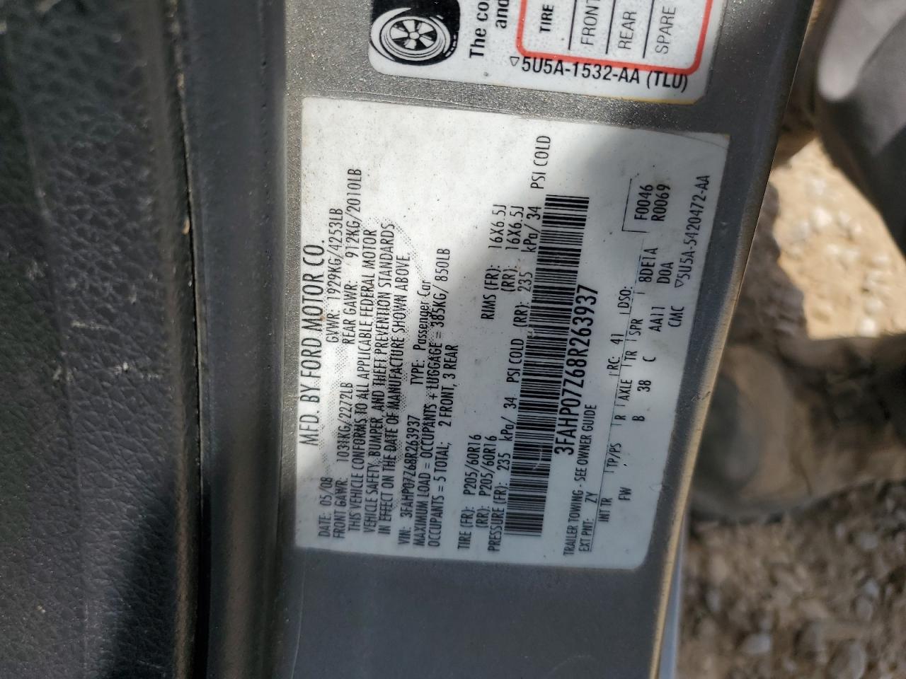 3FAHP07Z68R263937 2008 Ford Fusion Se