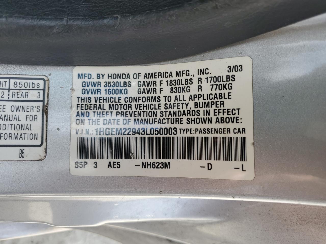 2003 Honda Civic Ex VIN: 1HGEM22943L050003 Lot: 55998964