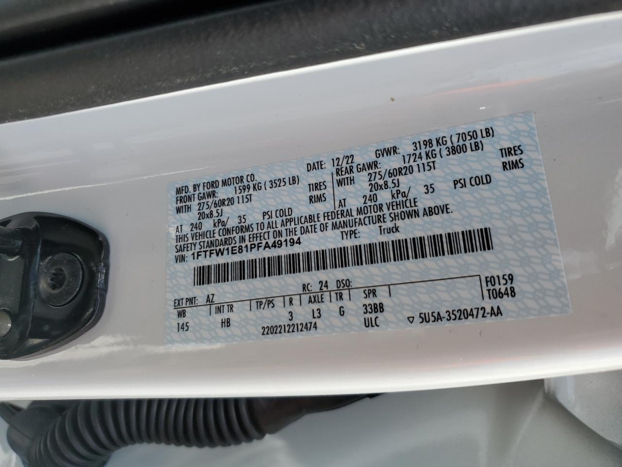 2023 Ford F150 Supercrew VIN: 1FTFW1E81PFA49194 Lot: 54209674