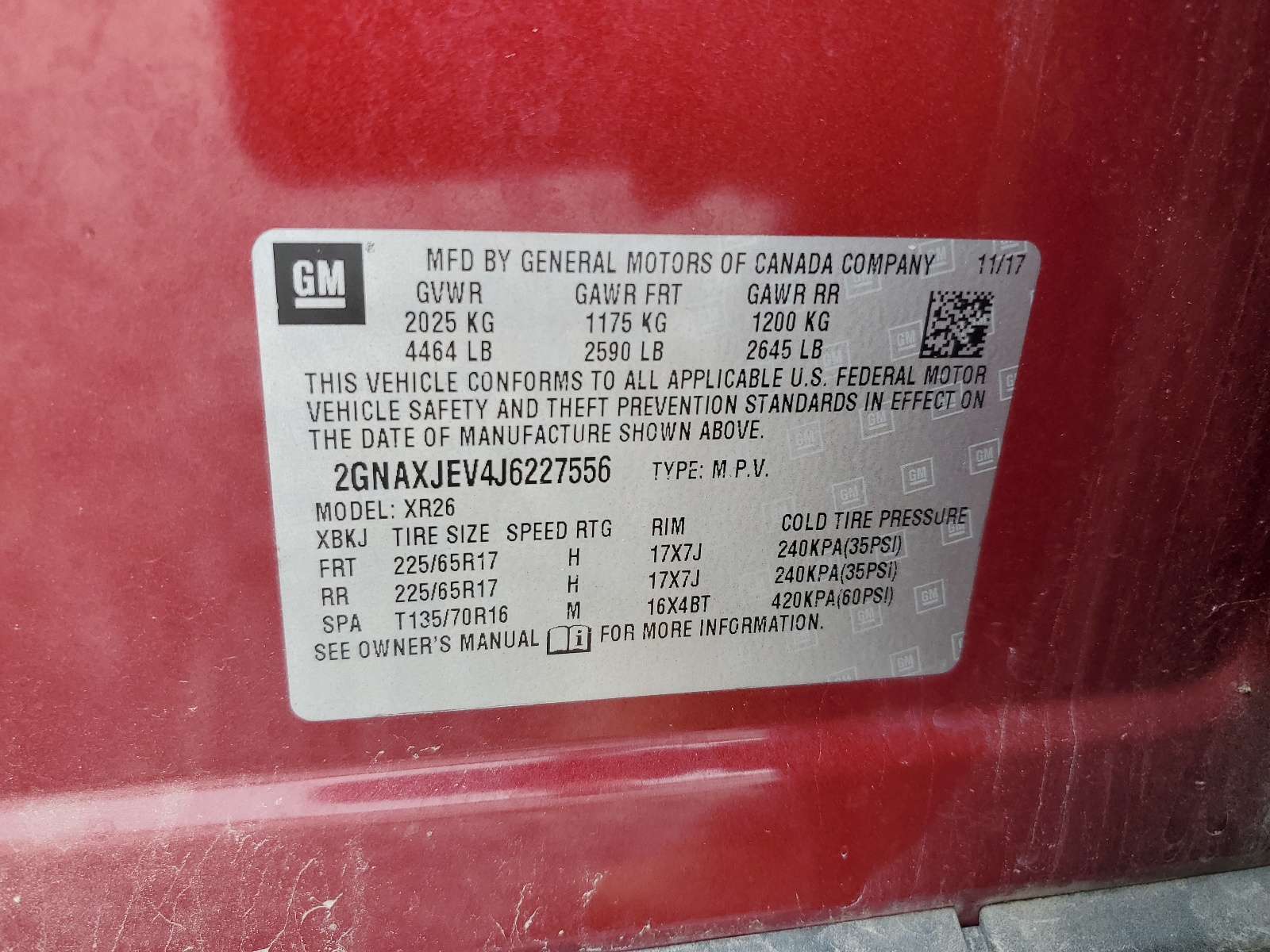 2GNAXJEV4J6227556 2018 Chevrolet Equinox Lt