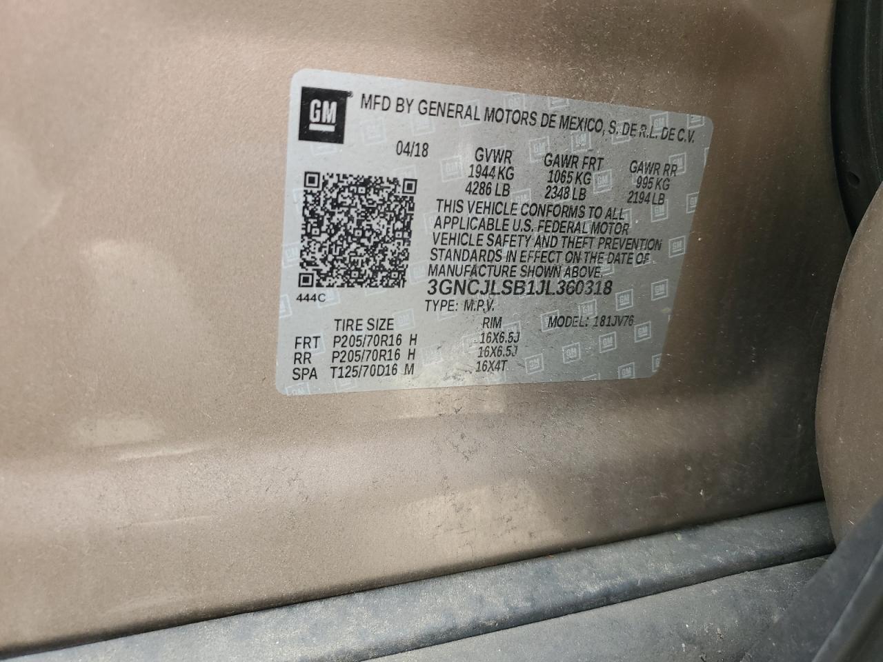 2018 Chevrolet Trax 1Lt VIN: 3GNCJLSB1JL360318 Lot: 53952544