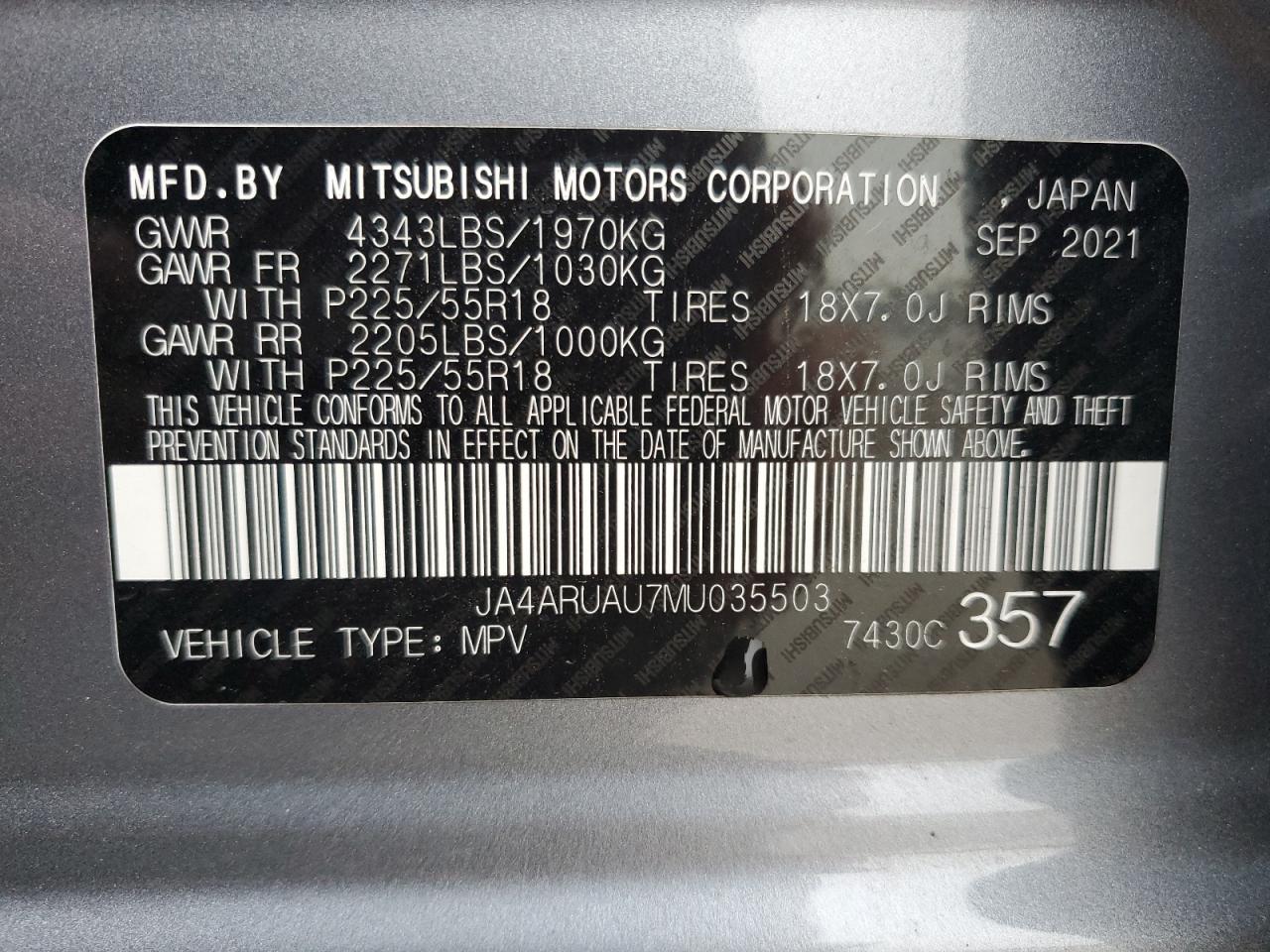 JA4ARUAU7MU035503 2021 MITSUBISHI OUTLANDER - Image 12