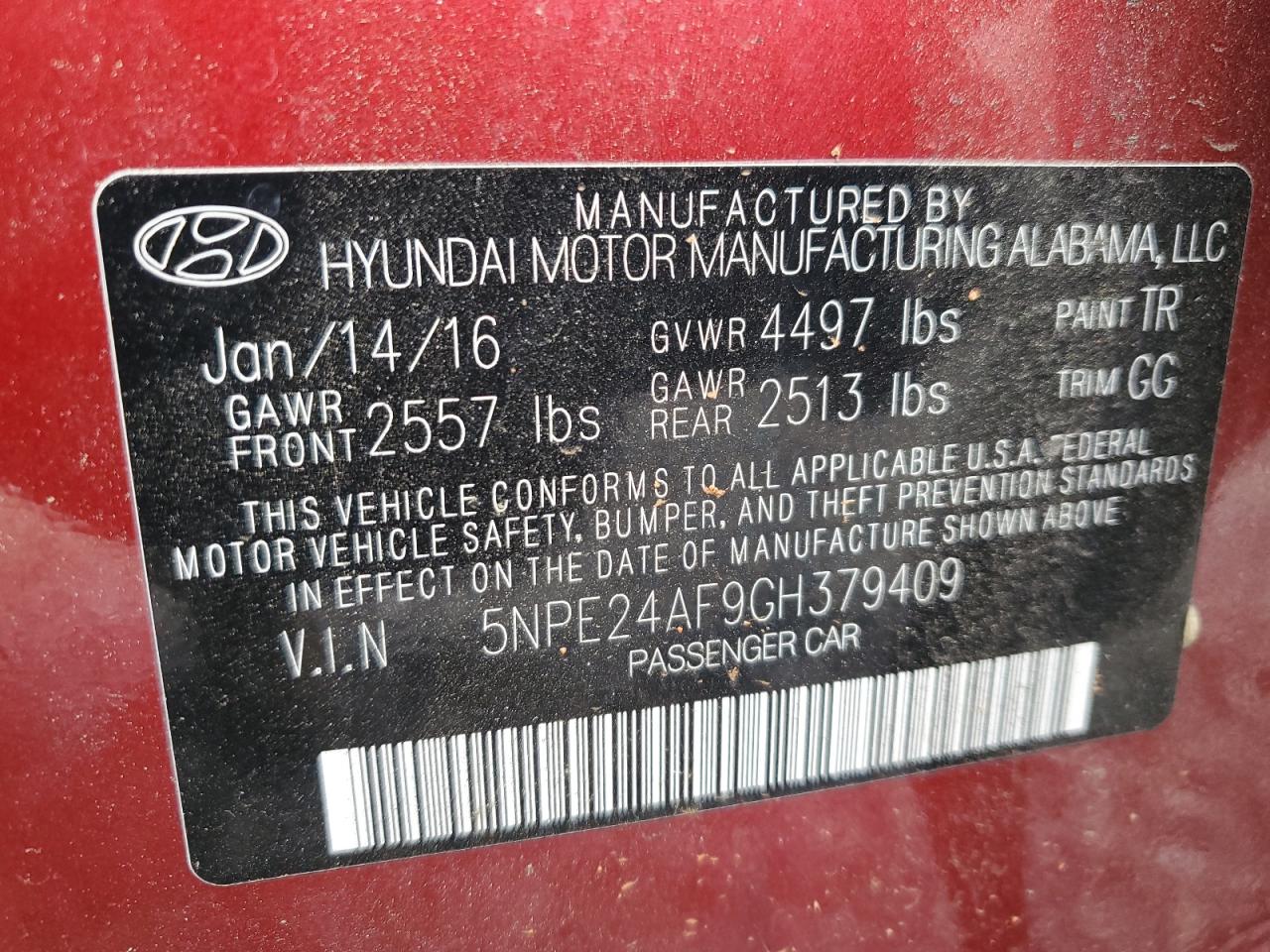 2016 Hyundai Sonata Se VIN: 5NPE24AF9GH379409 Lot: 54694544