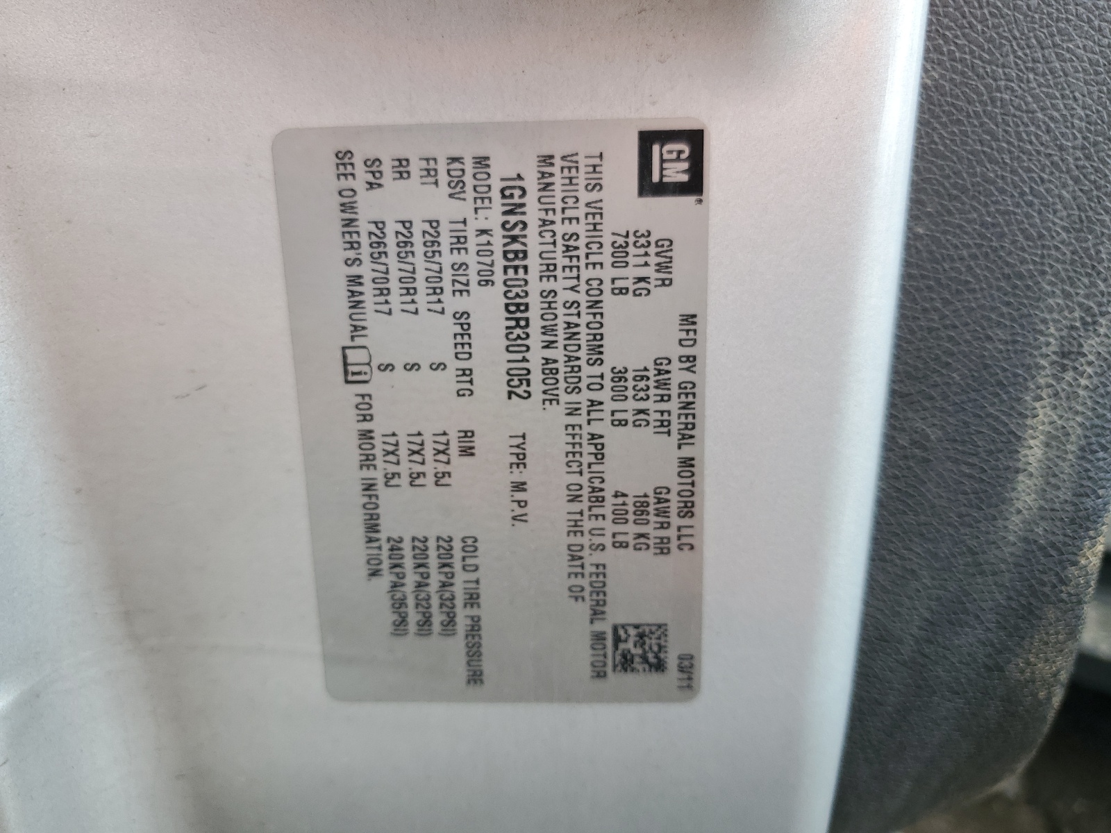 1GNSKBE03BR301052 2011 Chevrolet Tahoe K1500 Lt