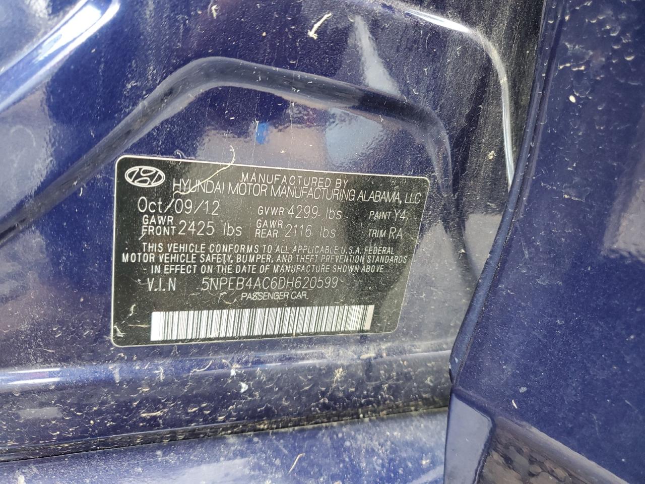 2013 Hyundai Sonata Gls VIN: 5NPEB4AC6DH620599 Lot: 54988294