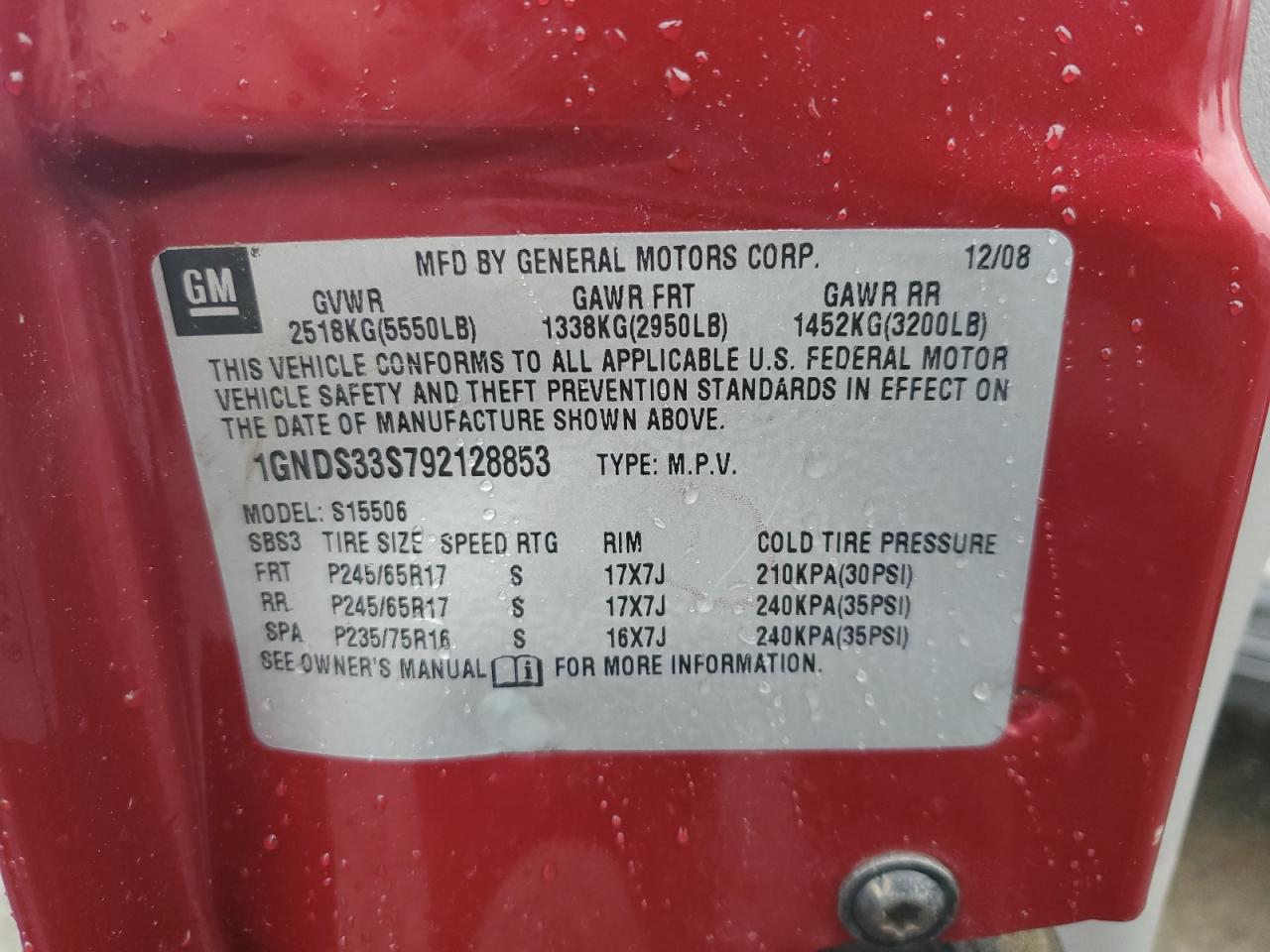 2009 Chevrolet Trailblazer Lt VIN: 1GNDS33S792128853 Lot: 54324164