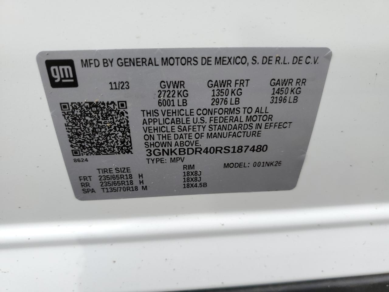 2024 Chevrolet Blazer 3Lt VIN: 3GNKBDR40RS187480 Lot: 56458804