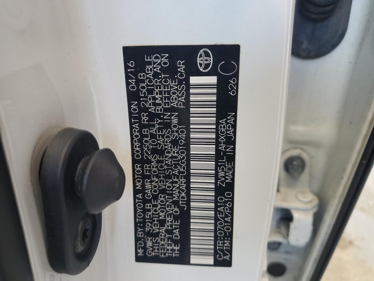 2016 Toyota Prius VIN: JTDKARFU5G3019401 Lot: 56921304