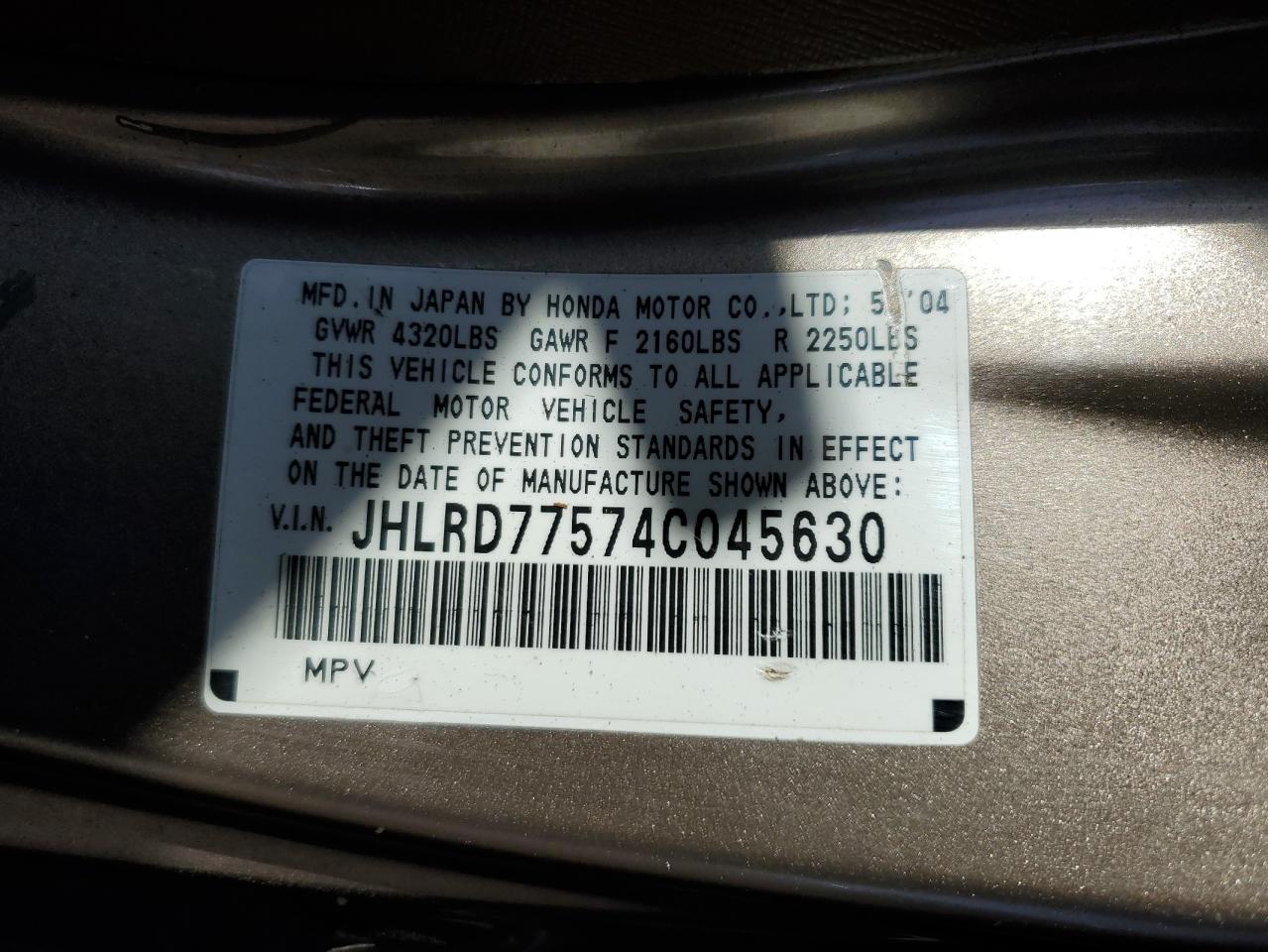 2004 Honda Cr-V Lx VIN: JHLRD77574C045630 Lot: 53633794