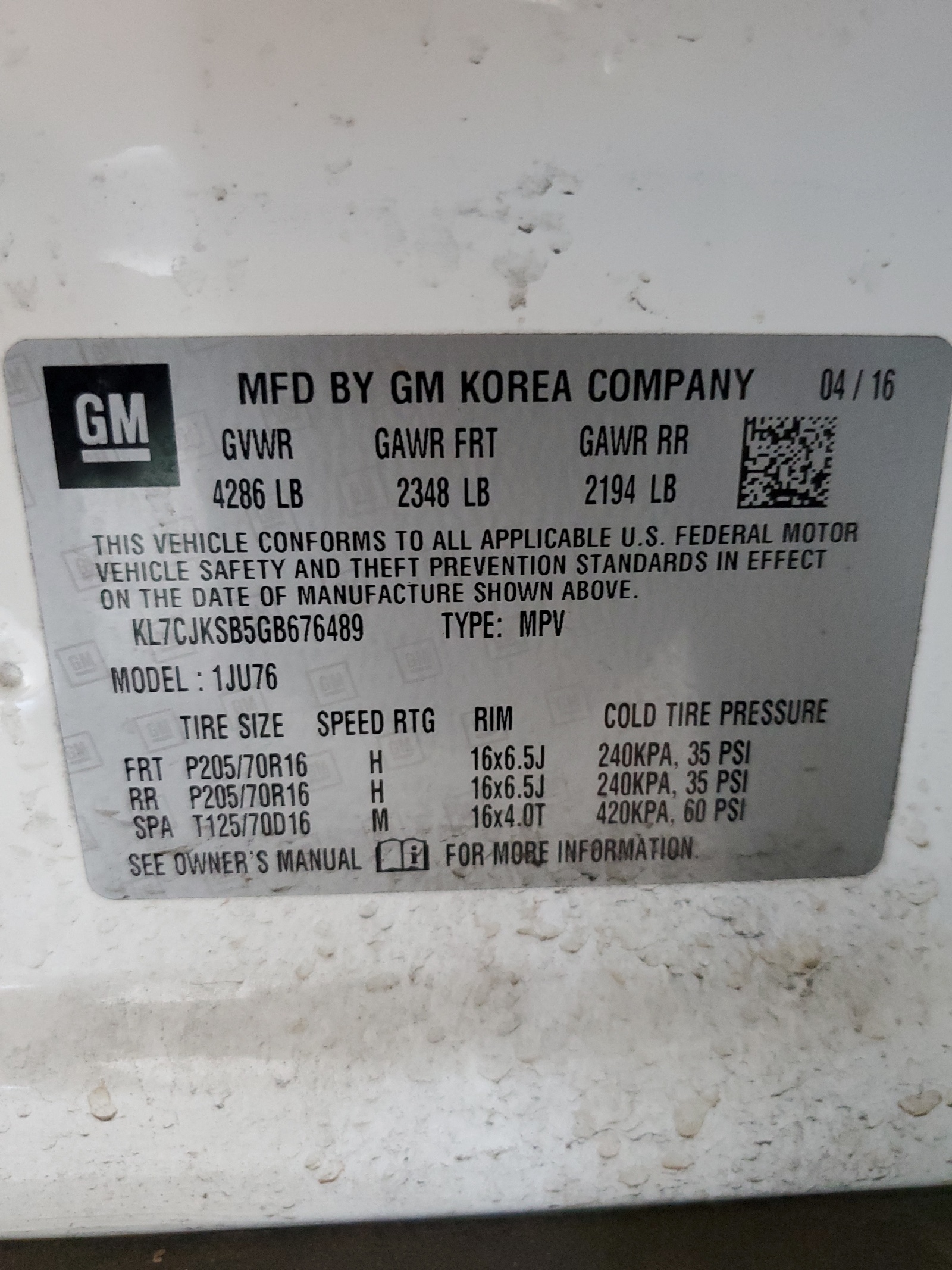 KL7CJKSB5GB676489 2016 Chevrolet Trax Ls