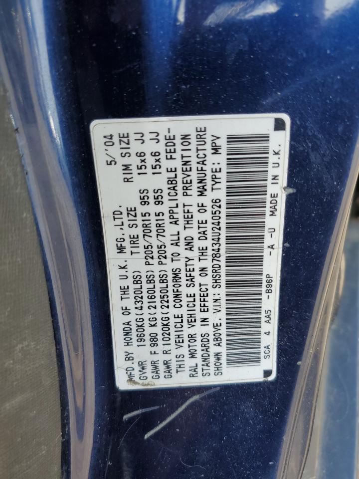 2004 Honda Cr-V Lx VIN: SHSRD78434U240526 Lot: 56719554