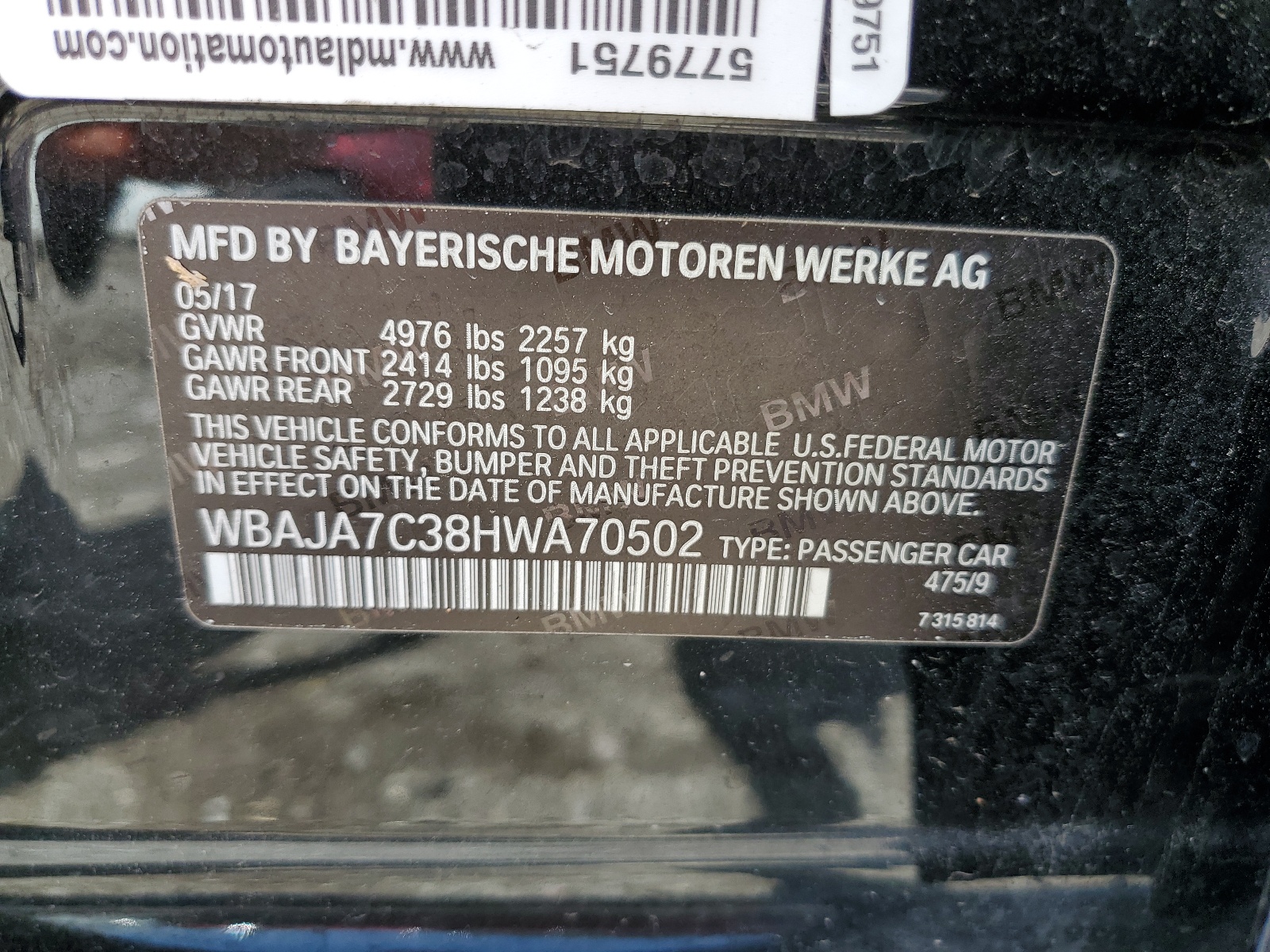 WBAJA7C38HWA70502 2017 BMW 530 Xi