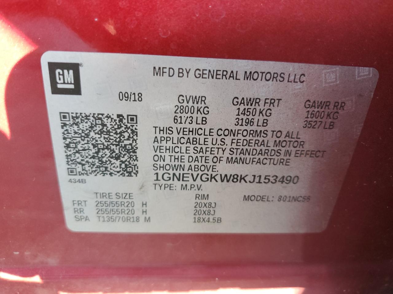 2019 Chevrolet Traverse Lt VIN: 1GNEVGKW8KJ153490 Lot: 55019724