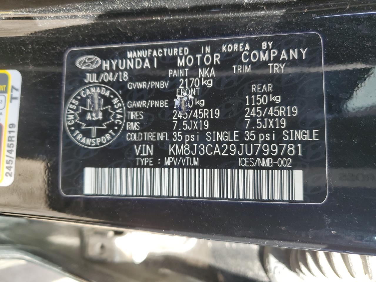 2018 Hyundai Tucson Value VIN: KM8J3CA29JU799781 Lot: 53328484