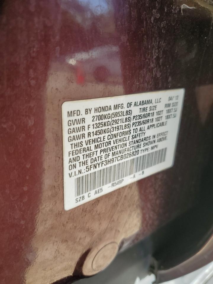 2012 Honda Pilot Touring VIN: 5FNYF3H97CB026820 Lot: 55558854