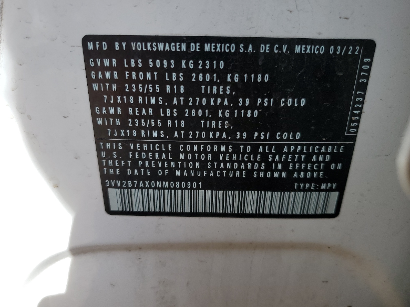 3VV2B7AX0NM080901 2022 Volkswagen Tiguan Se