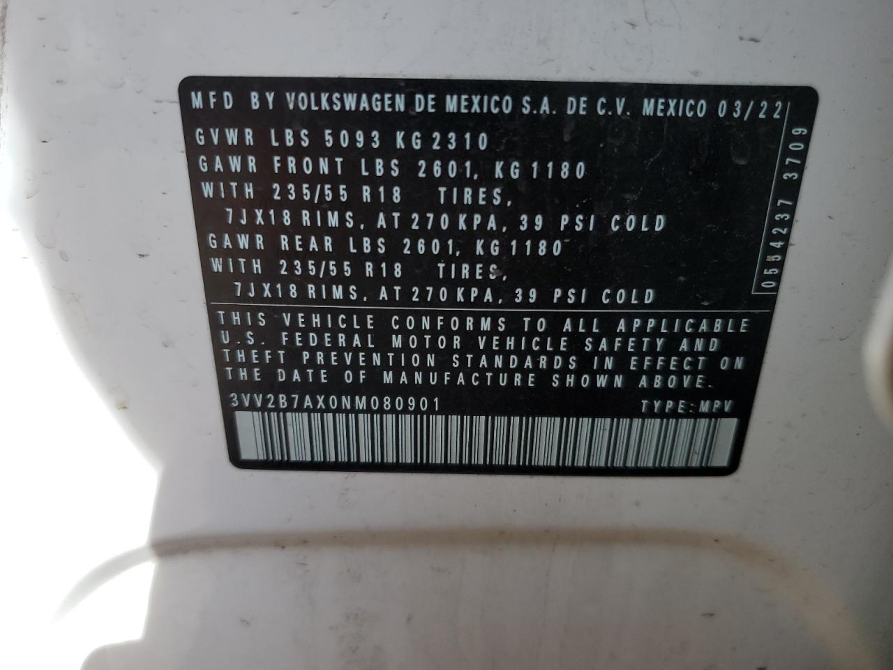 2022 Volkswagen Tiguan Se VIN: 3VV2B7AX0NM080901 Lot: 56039334