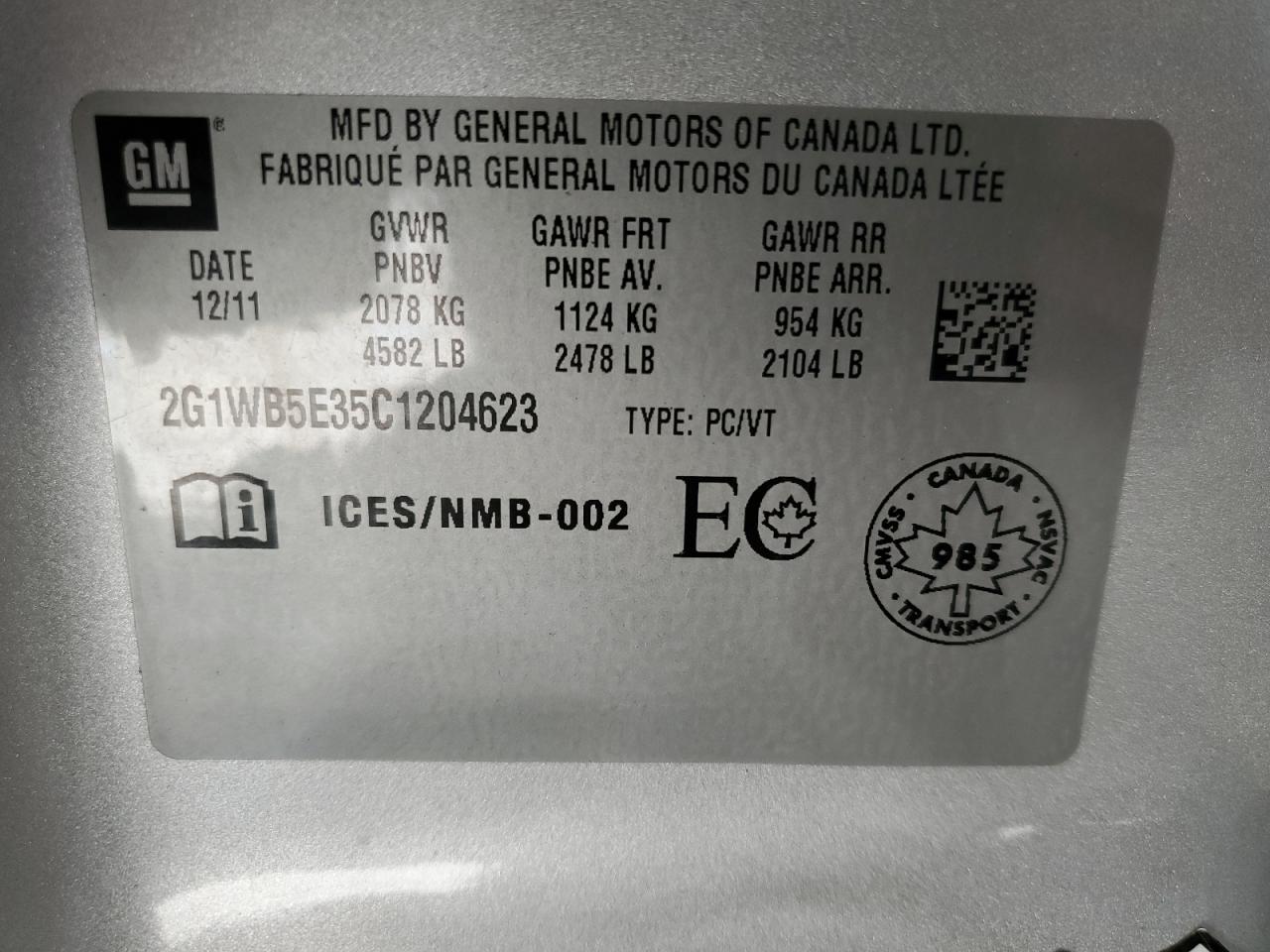 2012 Chevrolet Impala Lt VIN: 2G1WB5E35C1204623 Lot: 54948384