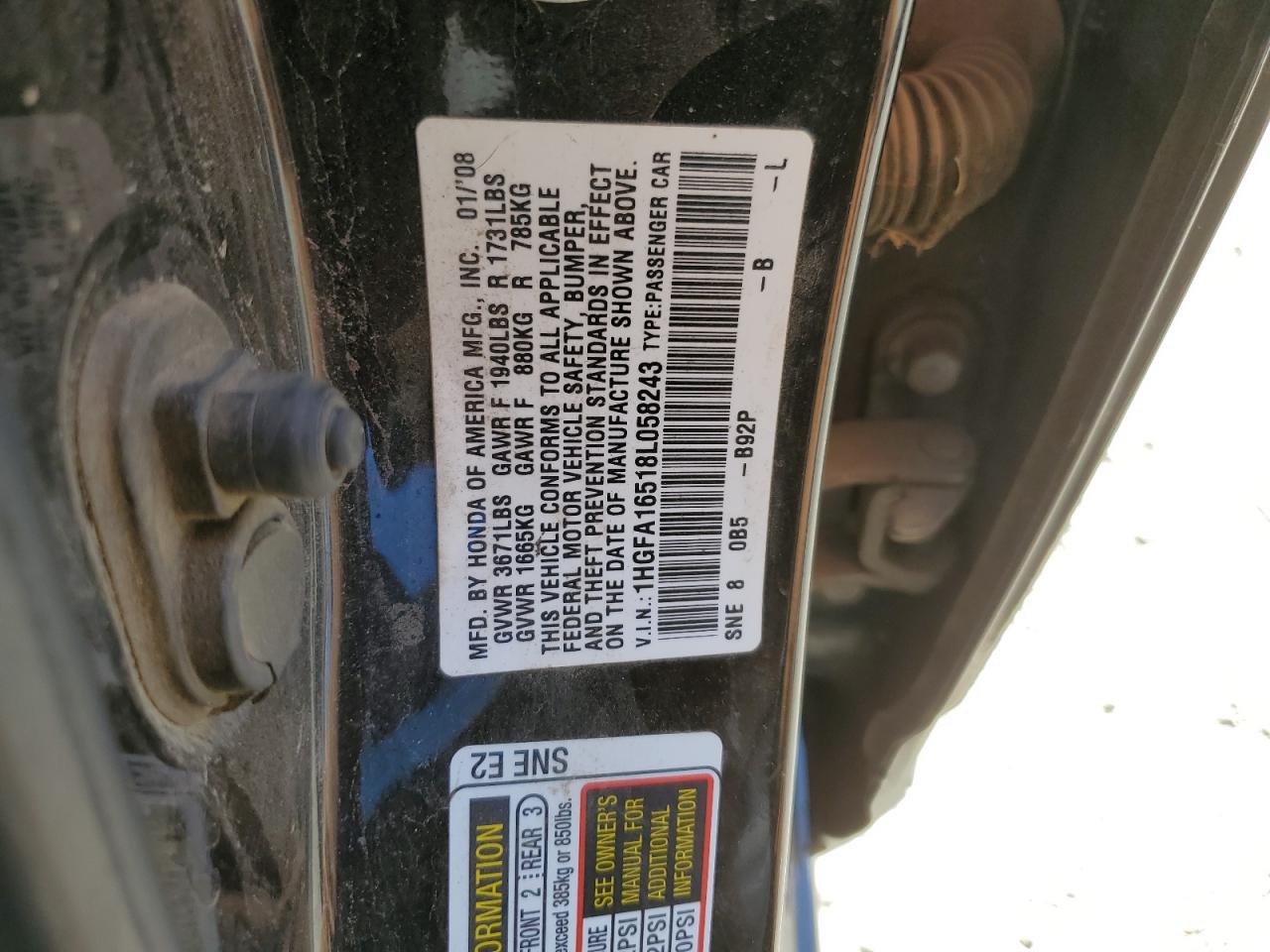 2008 Honda Civic Lx VIN: 1HGFA16518L058243 Lot: 56696774