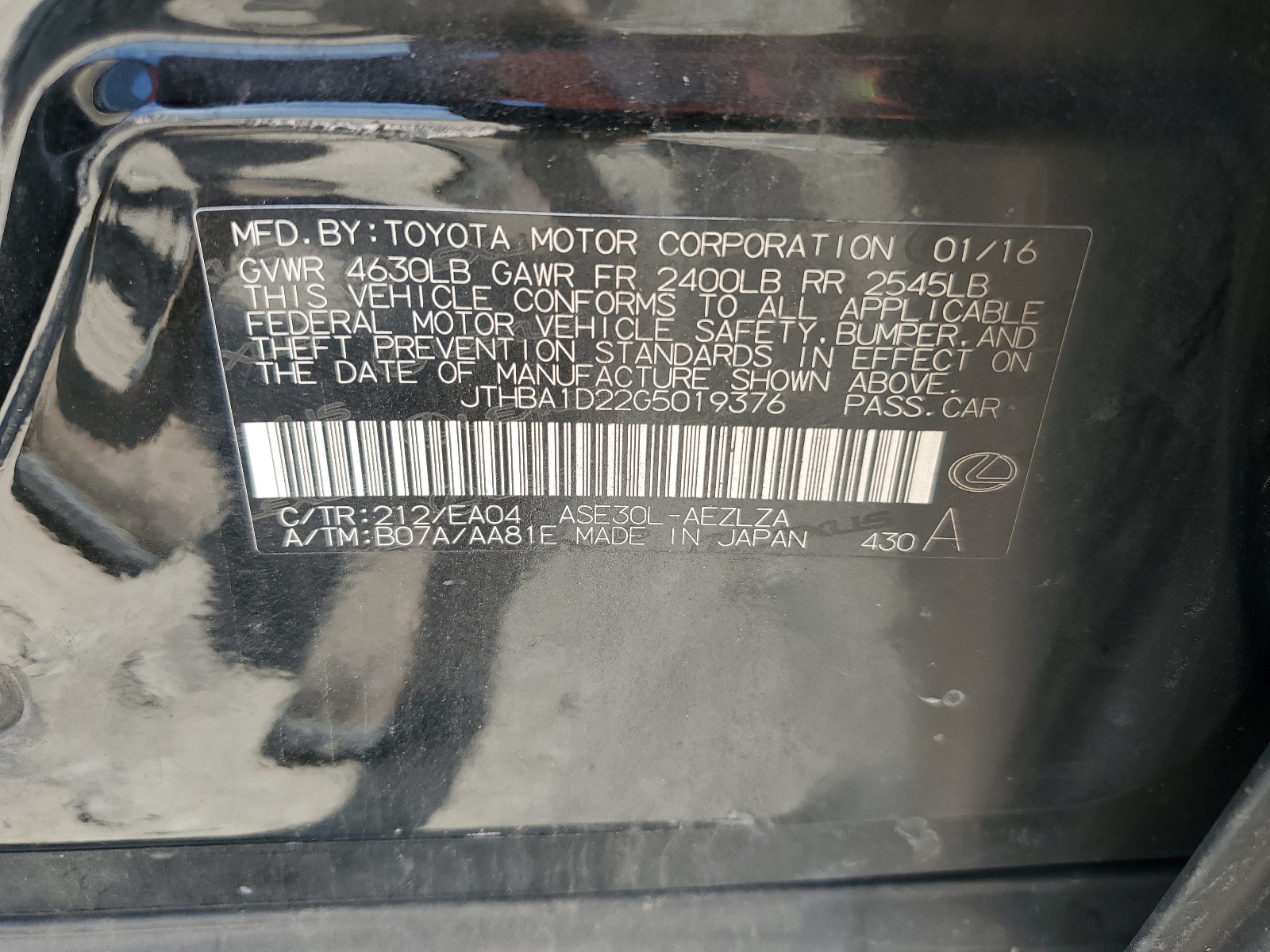 JTHBA1D22G5019376 2016 Lexus Is 200T