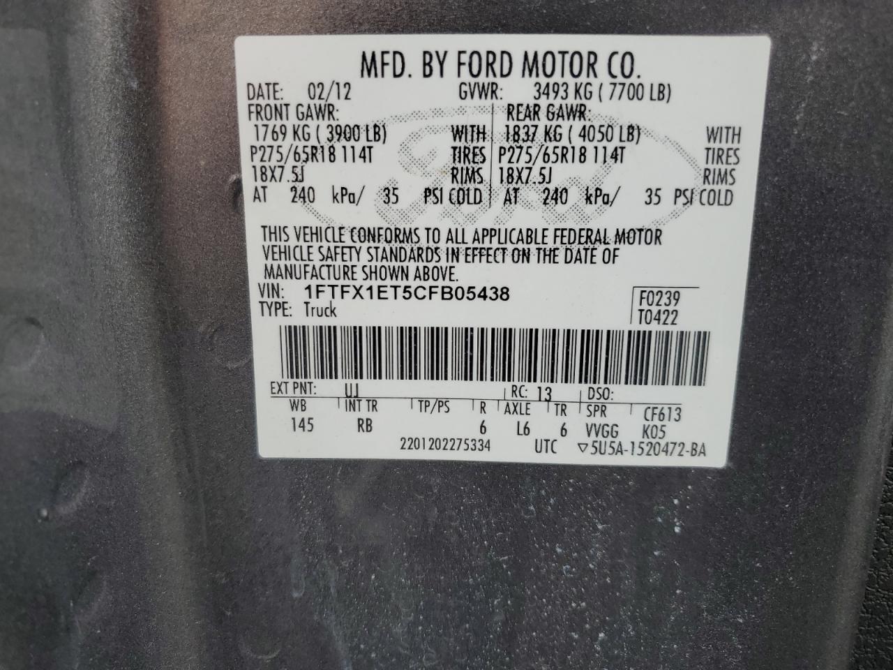 2012 Ford F150 Super Cab VIN: 1FTFX1ET5CFB05438 Lot: 54954504