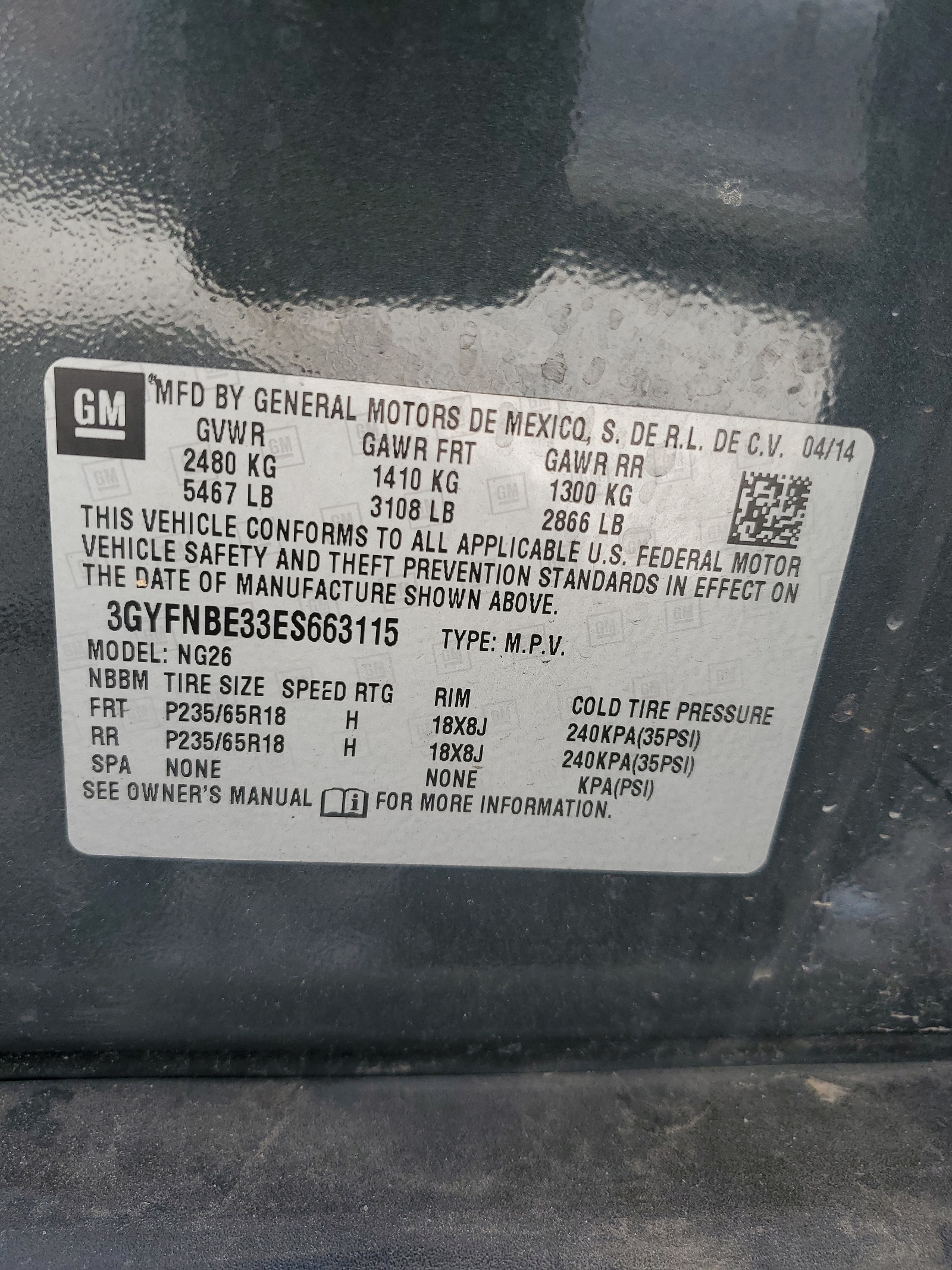 3GYFNBE33ES663115 2014 Cadillac Srx Luxury Collection